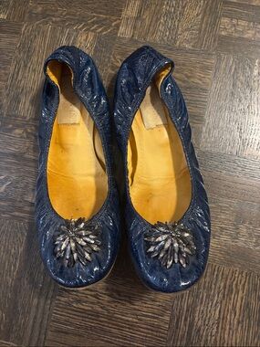 Lanvin Navy Patent Ballet Flats with Crystal Brooch - Women